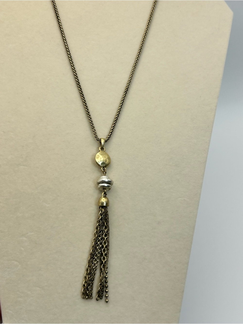 Lucky Brand Tassel Pendant Necklace Antiqued Brass-Tone 16" Chain Hammered Bead